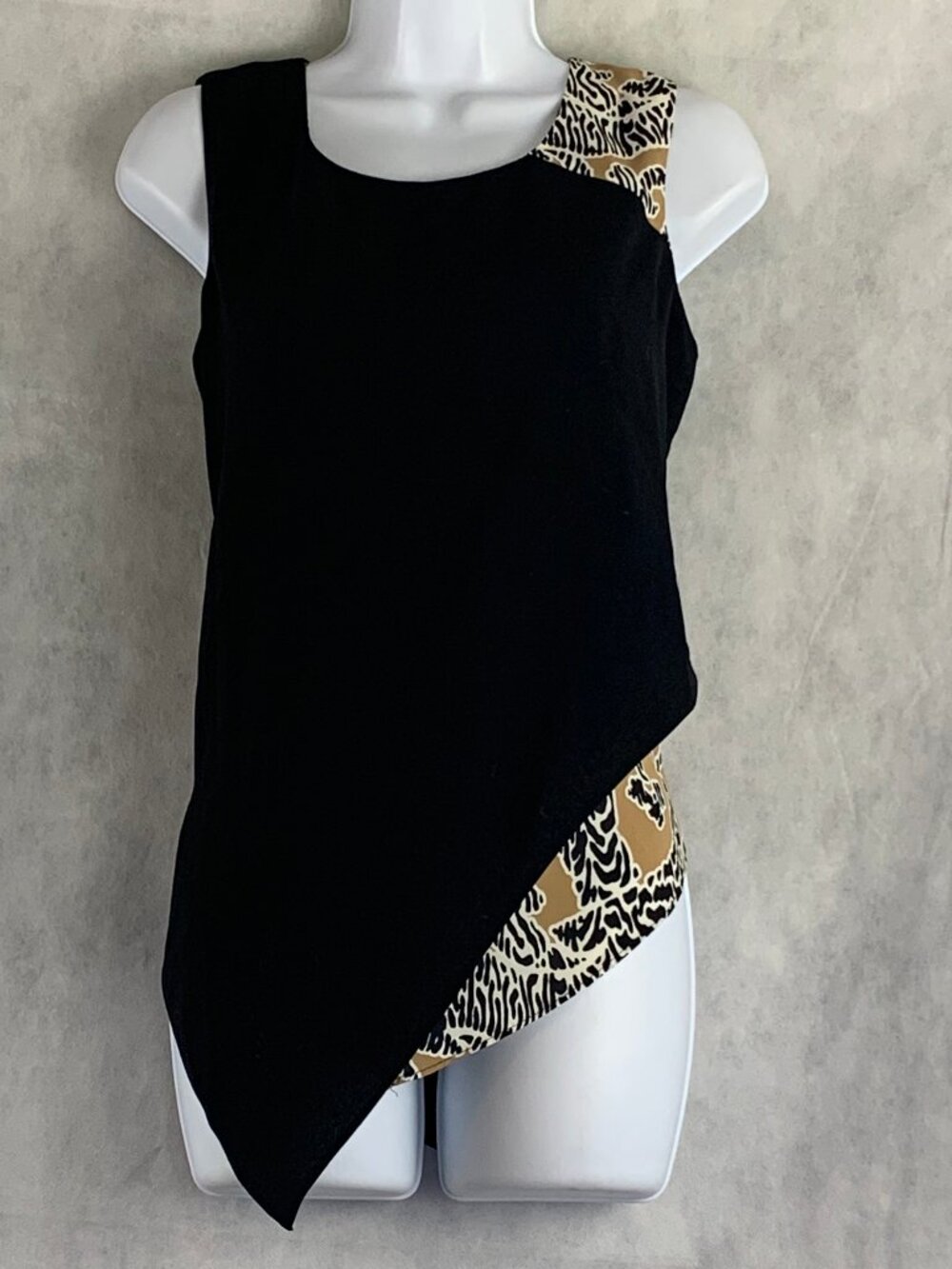 Alfani Women's Sleeveless Asymmetrical Blouse, Black Tan Multi, 8P / 8 Petite